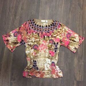 Chico boho gathered waist jeweled blouse